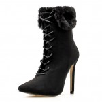 Black Suede Fur Trim Lace Up Point Head Rider Stiletto High Heels Boots Shoes