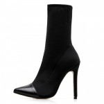 Black Stretchy Point Head Rider Stiletto High Heels Boots Shoes