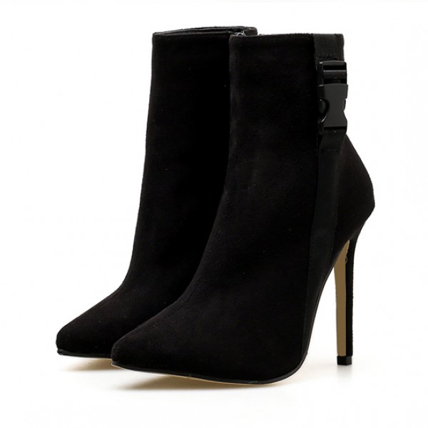 Black Suede Side Buckle Point Head Rider Stiletto High Heels Boots Shoes