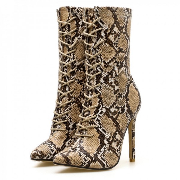 Khaki Snake Print Lace Up Point Head Rider Stiletto High Heels Boots Shoes