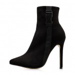 Black Suede Side Buckle Point Head Rider Stiletto High Heels Boots Shoes
