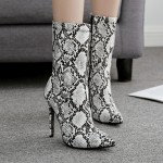 White Snake Print Point Head Rider Stiletto High Heels Boots Shoes