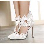 White Satin Flowers Leaves Rhinestones Point Head Bridal Evening High Stiletto Heels Shoes
