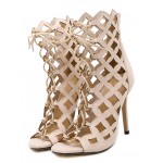 Khaki Suede Cage Hollow Out Lace Up Stiletto High Heels Sandals Shoes