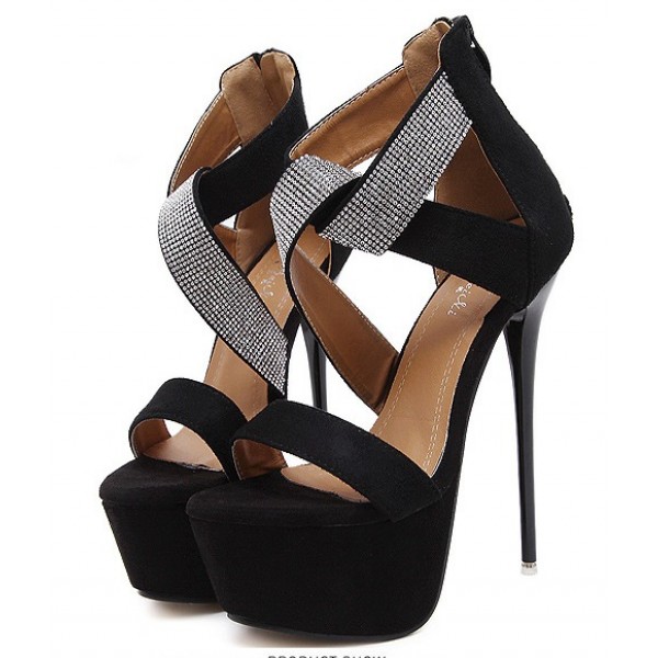 Black Suede Diamante Platforms Stiletto High Heels Sandals Bridal Shoes