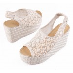 Cream Lace Crochet Peeptoe Slingback Wedges Platforms Sandals Shoes