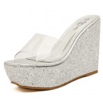 Silver Glitter Bling Bling Transparent Platforms Wedges Sandals Bridal Shoes