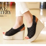 Black Lace Crochet Peeptoe Slingback Wedges Platforms Sandals Shoes