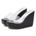 Black Glitter Bling Bling Transparent Platforms Wedges Sandals Bridal Shoes