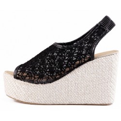 Black Lace Crochet Peeptoe Slingback Wedges Platforms Sandals Shoes