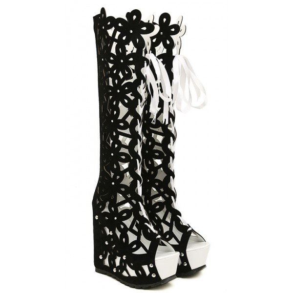 Black White Suede Florals Flowers Hollow Out Lace Up Platforms Wedges Knee Boots