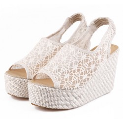 Cream Lace Crochet Peeptoe Slingback Wedges Platforms Sandals Shoes