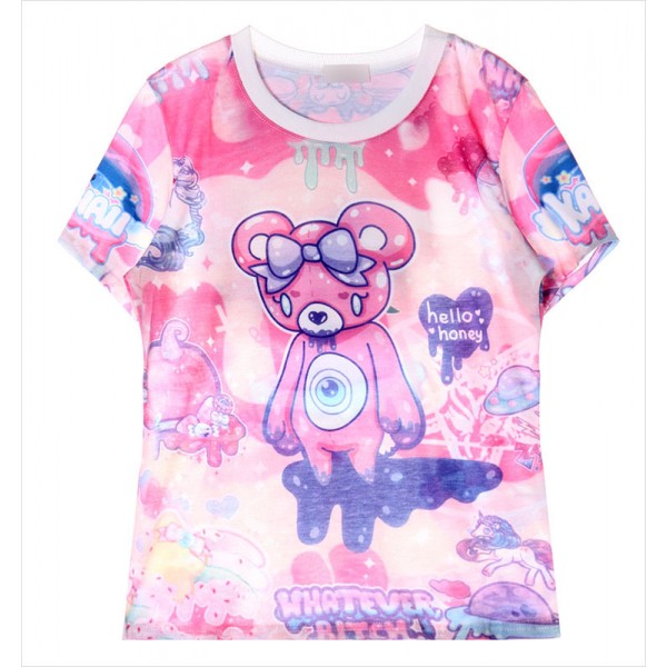 Pink Rainbow Galaxy Harajuku Weird Creeper Sad Teddy Bear Whatever Short Sleeves T Shirt