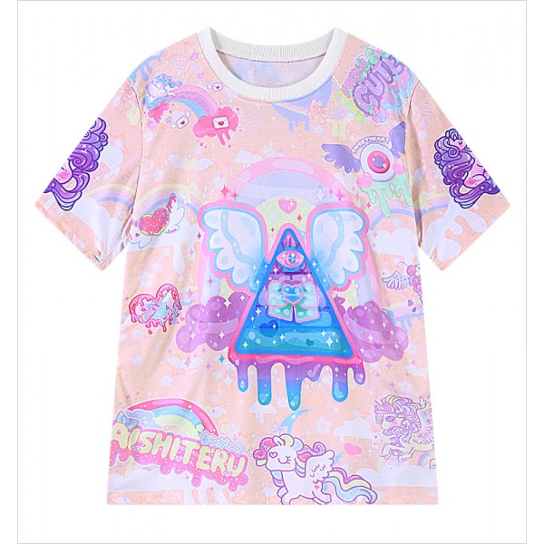 Pink Rainbow Galaxy Harajuku Weird Creeper Unicorn Triangle Short Sleeves T Shirt