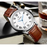 Brown Faux Leather Strap Round Roman Numbers Vintage Watch Silver Case 40mm