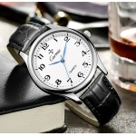 Black Faux Leather Strap Round White Dial Classy Vintage Watch Silver Case 40mm
