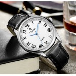Black Faux Leather Strap Round Roman Numbers Vintage Watch Silver Case 40mm