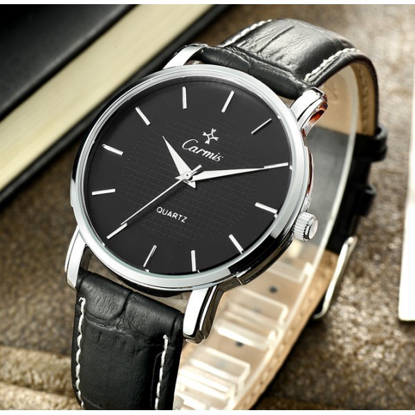 Black Faux Leather Strap Round Black Dial Classy Vintage Watch Silver Case 40mm