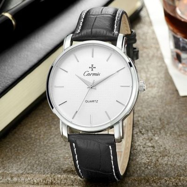Black Faux Leather Strap Round White Dial Vintage Watch Silver Case 40mm