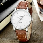 Brown Faux Leather Strap Round White Dial Vintage Watch Silver Case 40mm