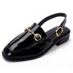 Black Patent Leather Oxfords Metal Chain Sling Back Flats Sandals Shoes