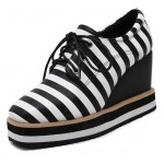 Black White Stripes Lace Up Platforms Wedges Oxfords Shoes