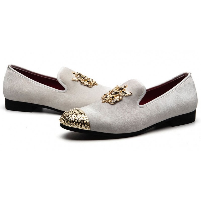 White Velvet Gold Spikes Mens Loafers Prom Dress Shoes
