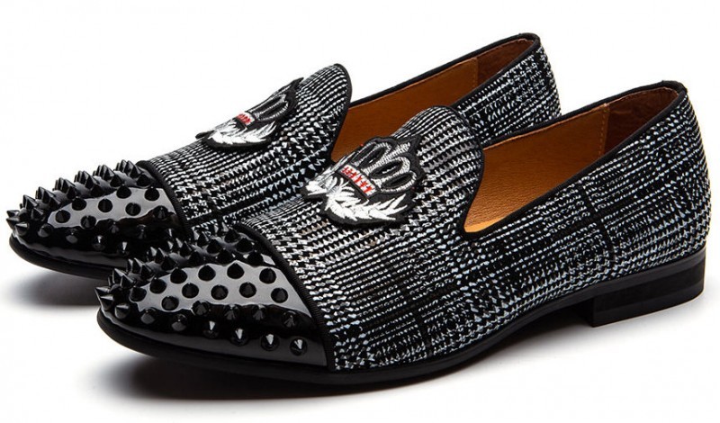 Black Grey Plaid Spikes Embroidered Mens Loafers Prom Dress Shoes