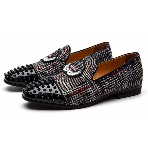 Black Red Plaid Spikes Embroidered Mens Loafers Prom Dress Shoes