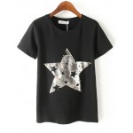 Black White Silver Stars Sequins Short Sleeves T Shirt Top