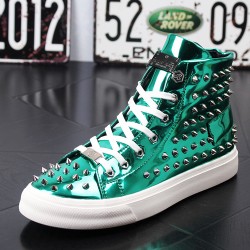Green Metallic Silver Spikes Punk Rock Mens High Top Sneakers Shoes