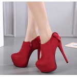 Red Suede Back Bow Platforms Ankle Stiletto High Heels Boots Shoes