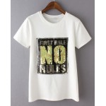 Black White First Rule no Rules Gold Sequins Short Sleeves T Shirt Top