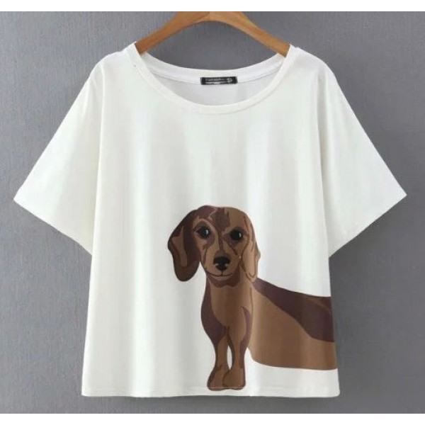 White Dachshund Dog Cartoon Cropped Short Sleeves T Shirt