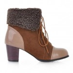 Brown Suede Patent Lace Up Woolen Flap Over High Heels Combat Boots Shoes