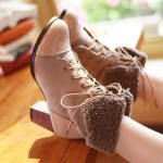 Khaki Suede Patent Lace Up Woolen Flap Over High Heels Combat Boots Shoes
