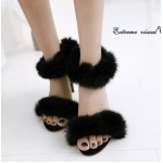 Black Suede Rabbit Fur Flurry Sexy High Stiletto Heels Sandals Shoes