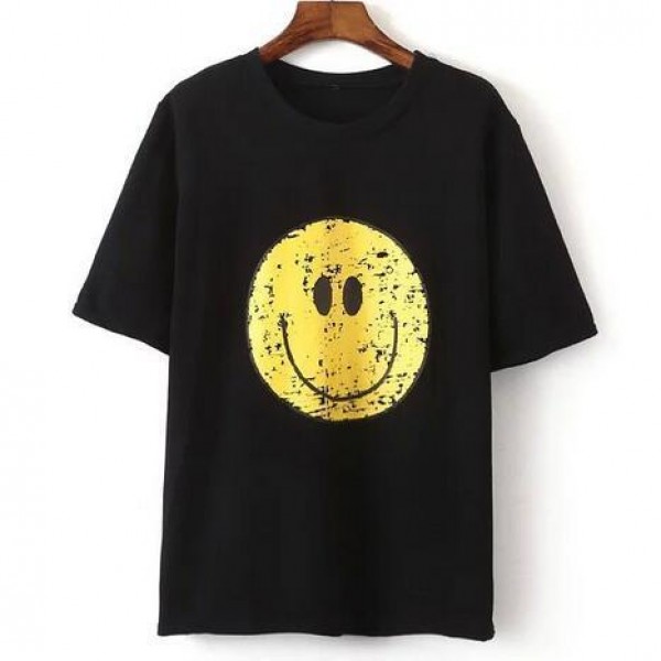 Black White Yellow Smile Happy Face Short Sleeves T Shirt Top