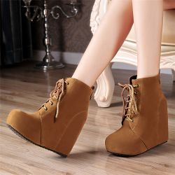 Brown Suede Lace Up High Top Platforms Wedges Boots Shoes
