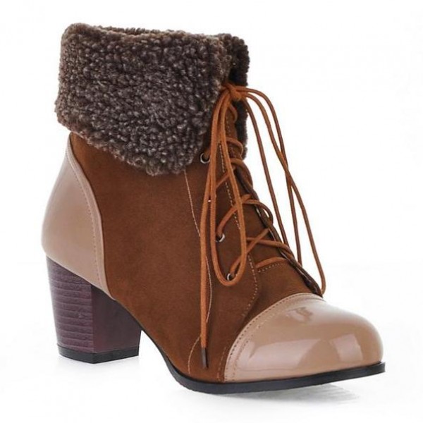 Brown Suede Patent Lace Up Woolen Flap Over High Heels Combat Boots Shoes