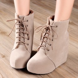Khaki Suede Lace Up High Top Platforms Wedges Boots Shoes