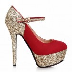 Red Suede Gold Glitter Mary Jane Platforms Stiletto High Heels Shoes