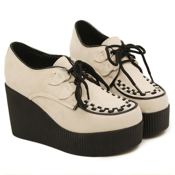 Cream Suede Lace Up Wedges Platforms Oxfords Creepers Shoes