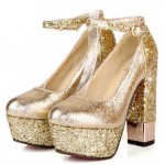 Gold Metallic Glitter Bling Bling Platforms Block High Heels Bridal Shoes
