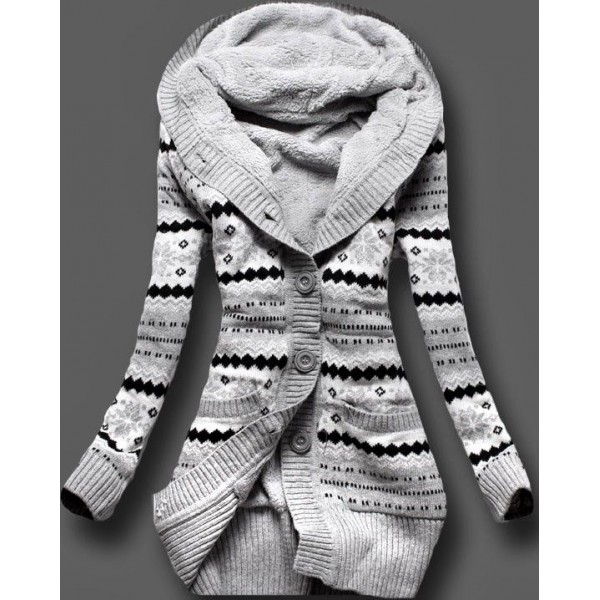 Grey Snowflakes Norwegian Thick Hooded Hoodie Cardigan Sweater
