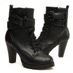Black Lace Up High Top Combat Military Rider High Heels Boots Shoes