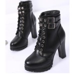 Black Skulls Lace Up High Top Combat Military Rider High Heels Boots Shoes