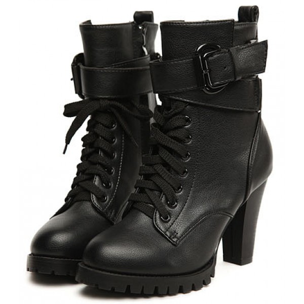 Black Lace Up High Top Combat Military Rider High Heels Boots Shoes