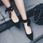 Black Suede Strappy Straps Lace Up Point Head Ballerina Ballets Sandals Flats Shoes