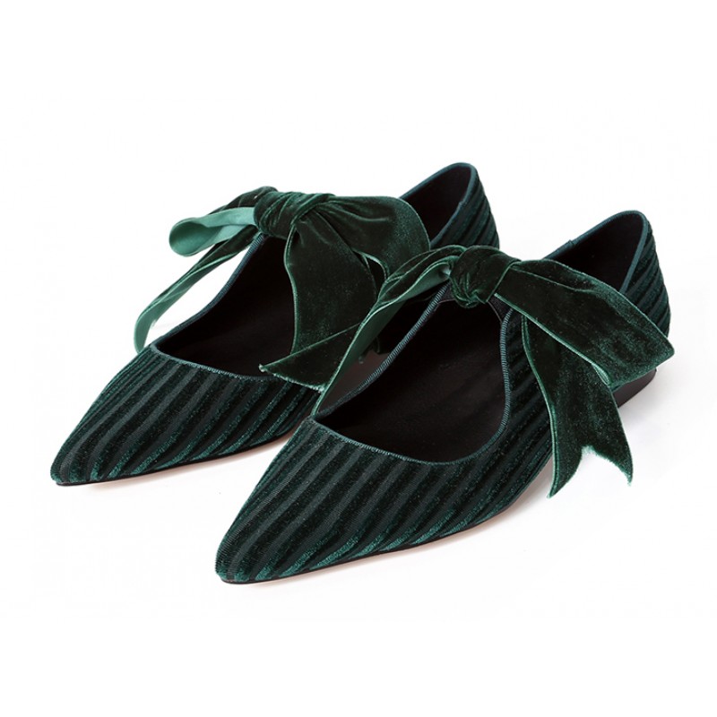 Green Twill Velvet Bow Point Head Ballerina Ballets Sandals Flats Shoes